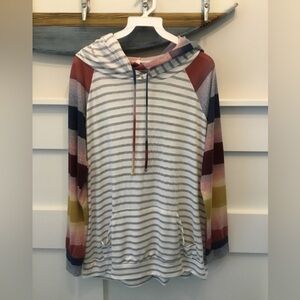 My Story Striped Double Hoodie with Colorblock Stripe Sleeves